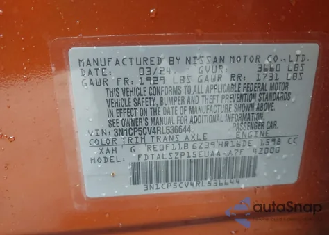 2024 Nissan Kicks Sv Xtronic Cvt from USA, damaged, VIN 3N1CP5CV4RL536644